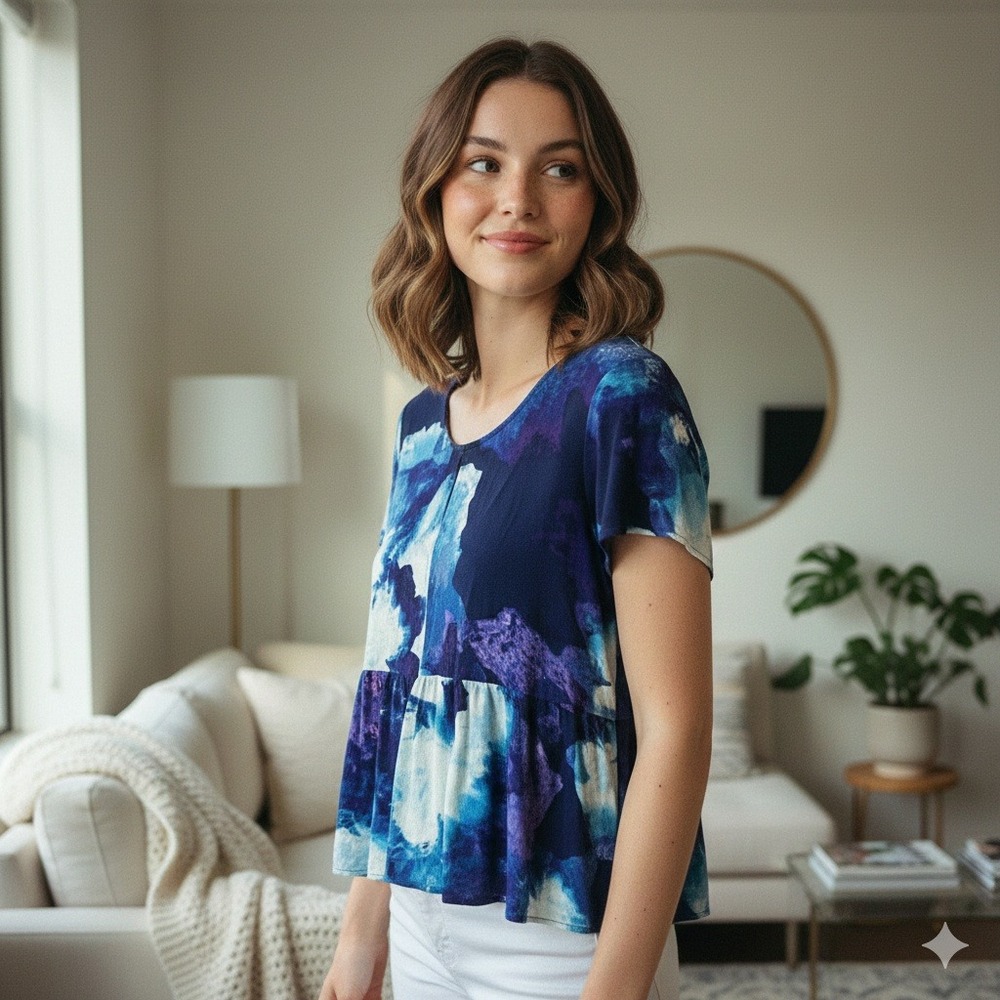 Juicy Couture Watercolor‎ Floral Peplum Top Short Sleeve Blue Purple - Size L